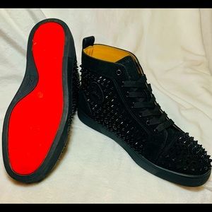 Men’s Louboutin Hi-Top Red Bottom Spiked Black Suede Sneaker-45
